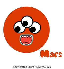 Planet Mars with a funny face, childish illustration. Space. Suitable for the design of children's products. Isolated white. Stock illustration.