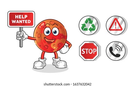 planet mars holding sign cartoon. including recycling sign, caution, stop, telephone. cartoon mascot vector
