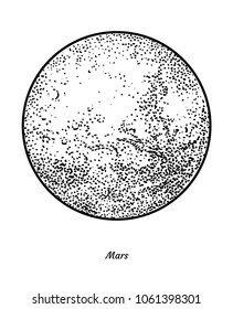 Planet Mars illustration, drawing, engraving, ink, line art, vector
