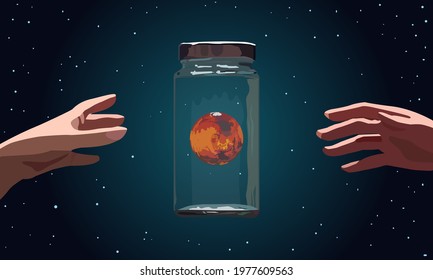 planet Mars in a jar and hands reaching for it against the background of the starry sky as a symbol of progress in the study of other planets, illustration for decoration