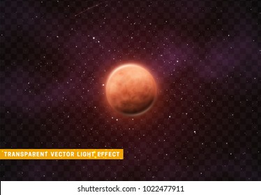Planet mars on background of space with bright stars. Vector transparent effect