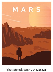 planet mars in outer space with astronaut vector illustration for poster, background, postcard, art print