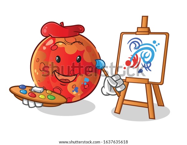 planet mars painting cartoon. artists and\
painters cute chibi cartoon mascot\
vector