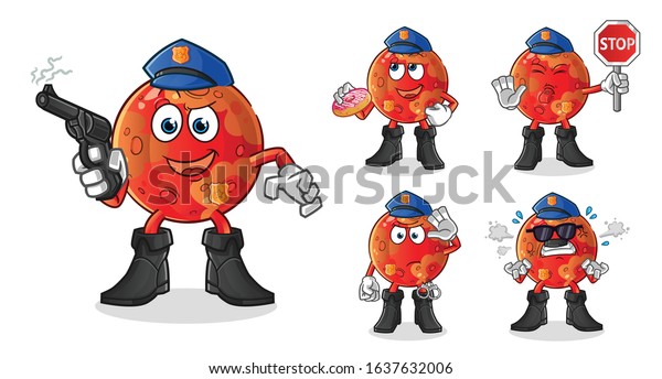 planet mars police 5 styles cartoon. including\
gun, stop sign, eating donut, blowing whistle and handcuff. cartoon\
mascot vector