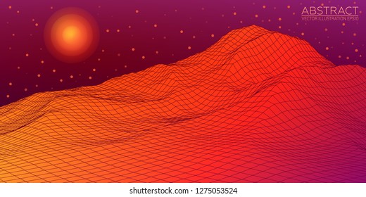 Planet Mars. Red planet abstract digital landscape. Wireframe 3D landscape background. Vector Image EPS10