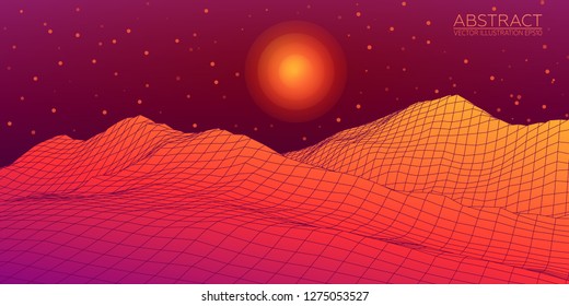 Planet Mars. Red planet abstract digital landscape. Wireframe 3D landscape background. Vector Image EPS10