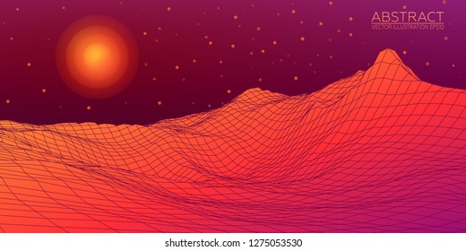 Planet Mars. Red planet abstract digital landscape. Wireframe 3D landscape background. Vector Image EPS10