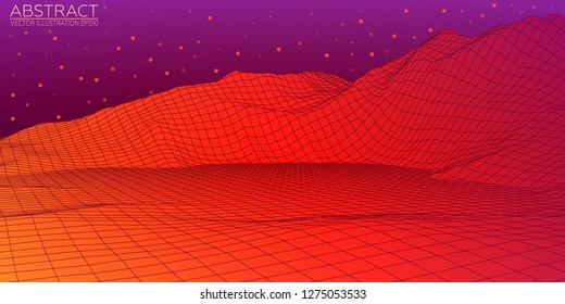 Planet Mars. Red planet abstract digital landscape. Wireframe 3D landscape background. Vector Image EPS10