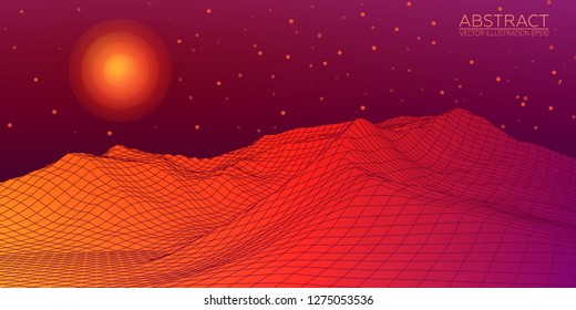 Planet Mars. Red planet abstract digital landscape. Wireframe 3D landscape background. Vector Image EPS10