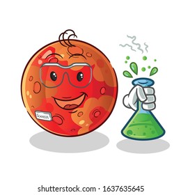 planet mars scientists hold chemical tubes and wear glasses cartoon. cute chibi cartoon mascot vector