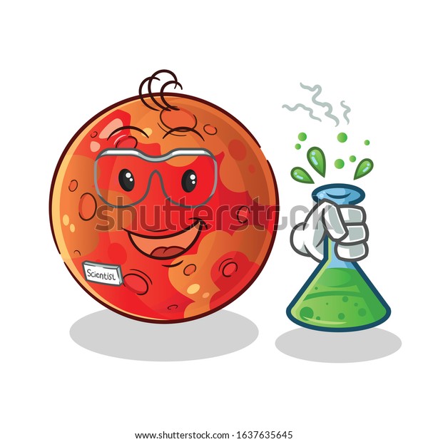 planet mars scientists hold\
chemical tubes and wear glasses cartoon. cute chibi cartoon mascot\
vector