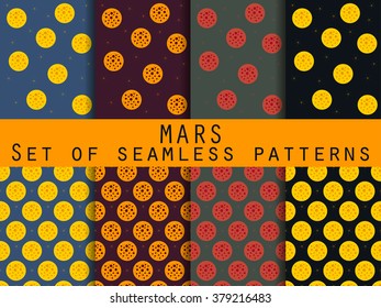 The planet Mars. Set of seamless patterns. For wallpaper, bed linen, tiles, fabrics, backgrounds. Vector illustration.