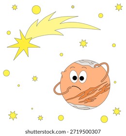 Planet Mars mit Sternschnuppe auf weißem Hintergrund mit Sternen. Astronomische Vektorkarikatur für Kinderbuch, Poster, Druck.
