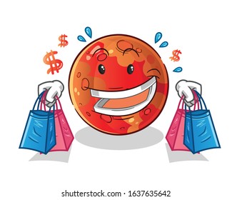planet mars shopping and holding shopping bags cartoon. cute chibi cartoon mascot vector