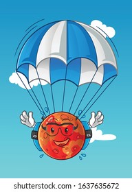 planet mars skydiving cartoon with parachutes and glasses. cute chibi cartoon mascot vector