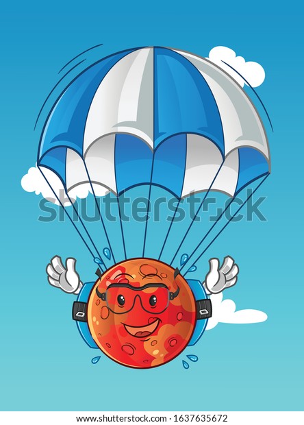planet mars skydiving cartoon with\
parachutes and glasses. cute chibi cartoon mascot\
vector