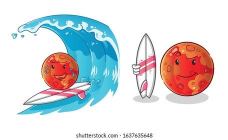 planet mars surfing on the waves cartoon and holding a surfboard. cute chibi cartoon mascot vector