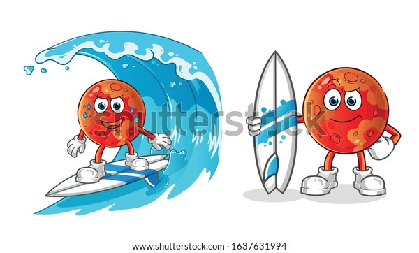 planet mars surfing on the waves cartoon\
and holding a surfboard. cartoon mascot\
vector