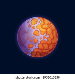 Planet martians world of purple water and brown rocks isolated alien galaxy cartoon icon. Vector fantastic mystery globe, ui gui game design element. Mystery asteroid, globe universe new planet