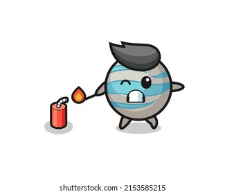 planet mascot illustration playing firecracker , cute design
