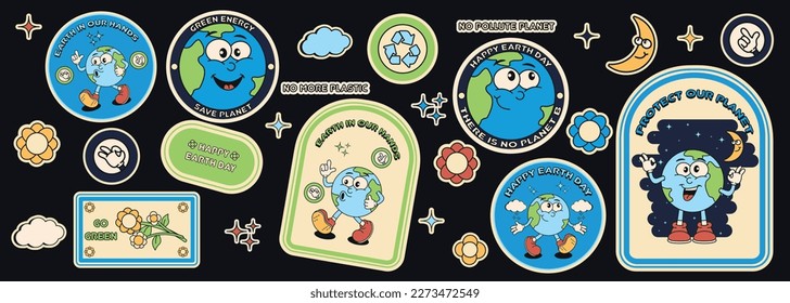 Planet mascot stickers in trendy retro cartoon style. Earth Day concept. World Environment Day. Earth planet motivational cartoon character design. Vector illustration in 80s,90s style.