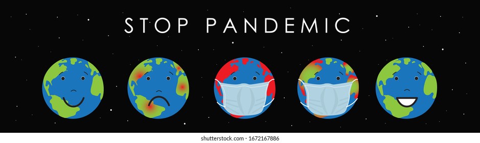 Planet in medical mask. Global Pandemic Dangerous Virus Concept. Stop pandemic. Vector Illustration. Planet earth facing world health virus outbreak problem. Banner template on black background. 