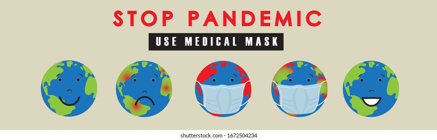Planet in medical mask. Global Pandemic Dangerous Virus Concept. Stop pandemic. Vector Illustration. Planet earth facing world health virus outbreak problem. Banner template on beige background. 