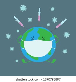 A planet in a medical mask is injected with syringes with a vaccine. Flat vector illustration. Pandemic.