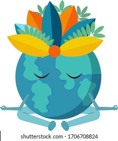 El planeta está meditando. Ilustración vectorial aislada en un fondo blanco. Un planeta con una guirnalda de hojas, con los ojos cerrados, está meditando. Meditación tranquila.
