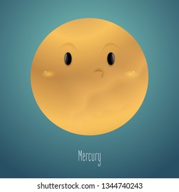 Planet Mercury in the background of space. Cute funny character