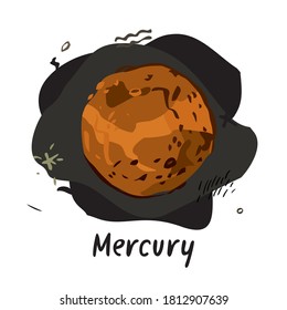 Planet Mercury drawn with a sketch-style line against the background of space isolated on white. Symbol of the planet of the solar system for nursery, books, astrology. Cartoon vector illustration.
