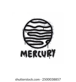 Planet mercury graffiti spray painted black on white.