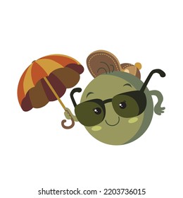 Planet Mercury green in sunglasses and holding an umbrella, cartoon illustration, isolated object on a white background, vector, eps