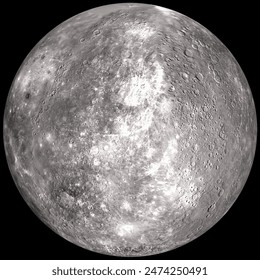 The planet Mercury on a black background. Vector texture map of the spherical surface of the planet Mercury.