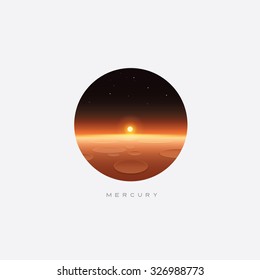 Planet Mercury surface minimalistic contemporary vector illustration with craters and rising sun