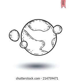 planet with moon icon, hand drawn vector illustration.