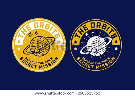 planet and moon orb galaxy space vintage badge logo vector collection design for astronaut, adventure and scientist. saturn, jupiter, uranus and neptune planet emblem logo set 