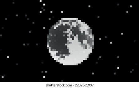 Planet moon in space night black sky stars in 18 bit pixel gaming background black white gray color monochrome