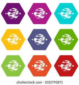 Planet and moons icon set many color hexahedron isolated on white vector illustration
