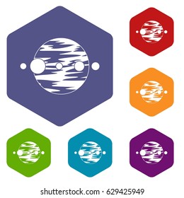 Planet and moons icons set hexagon isolated vector illustration