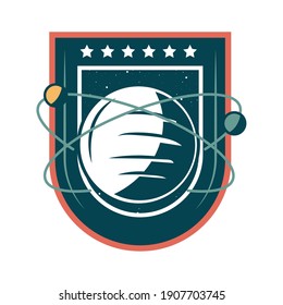 planet with moons orbiting in frame with stars vector illustration design
