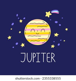 El planeta con el nombre de Júpiter. Cuerpo celeste lindo con cara sonriente en el espacio exterior.  El planeta del sistema solar. Caricatura: objeto astronómico en el cielo nocturno. Tarjeta de ilustración vectorial.