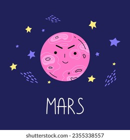 El planeta con el nombre de Marte. Cuerpo celeste lindo con cara sonriente en el espacio exterior.  El planeta del sistema solar. Caricatura: objeto astronómico en el cielo nocturno. Tarjeta de ilustración vectorial.