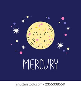 El planeta con el nombre de Mercurio. Cuerpo celeste lindo con cara sonriente en el espacio exterior.  El planeta del sistema solar. Caricatura: objeto astronómico en el cielo nocturno. Tarjeta de ilustración vectorial.