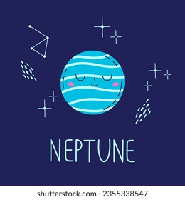 Der Planet mit dem Namen Neptun. Rein himmlischer Körper mit lächelndem Gesicht im Weltraum.  Der Planet des Sonnensystems. Cartoon astronomisches Objekt am Nachthimmel. Vektorgrafik-Karte.