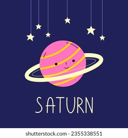 El planeta con el nombre de Saturno. Cuerpo celeste lindo con cara sonriente en el espacio exterior.  El planeta del sistema solar. Caricatura: objeto astronómico en el cielo nocturno. Tarjeta de ilustración vectorial.