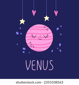 El planeta con el nombre de Venus. Cuerpo celeste lindo con cara sonriente en el espacio exterior.  El planeta del sistema solar. Caricatura: objeto astronómico en el cielo nocturno. Tarjeta de ilustración vectorial.