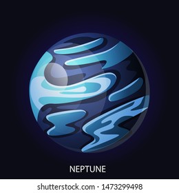 Planet Neptune 3D cartoon vector illustration. Spherical blue planet with illuminated surface with relief isolated on dark blue cosmic background