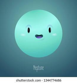 Planet Neptune in the background of space. Cute funny character