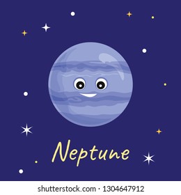 Planet Neptune in the background of space and stars. Cute funny character. Vector illustration of Solar System object in cartoon flat style.